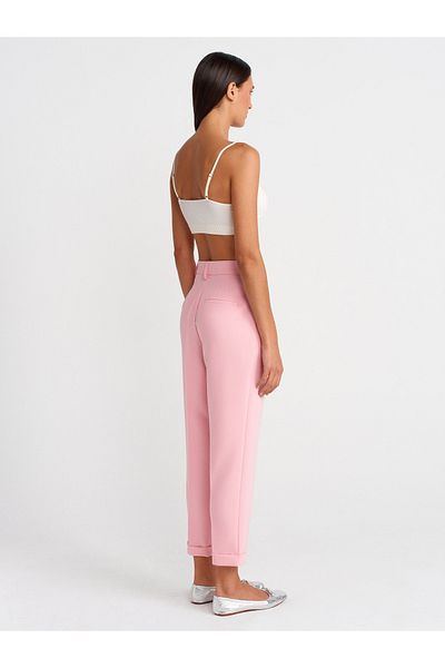 Dilvin 72124 Curved Leg High Waist Trousers-Pink