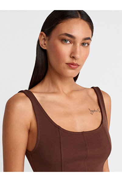 Dilvin 21063 Kalın Askılı Peplum Top-Açık Kahve