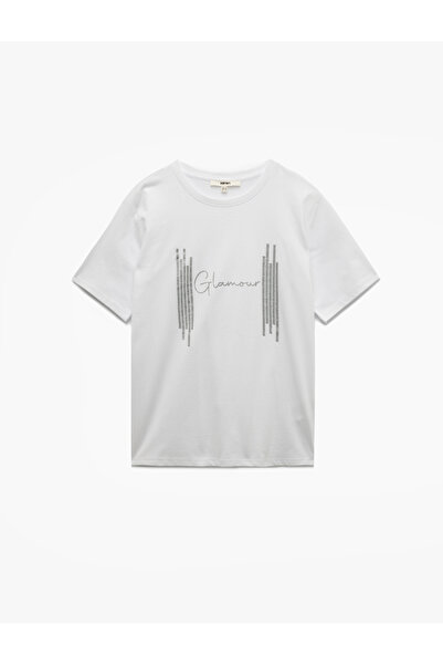 Koton Tricou de damă din bumbac, cu mânecă scurtă, cu imprimeu argintiu