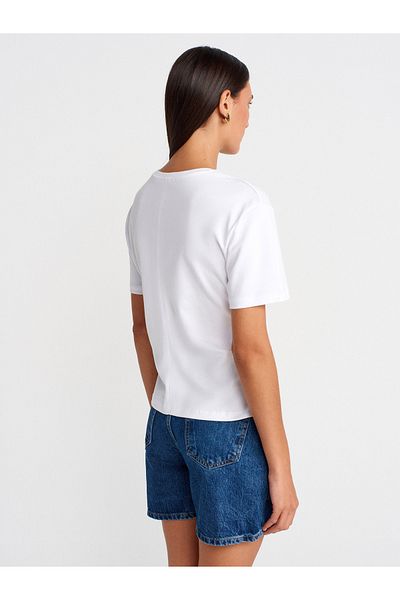 Dilvin 31874 Slit Detailed T-Shirt-White