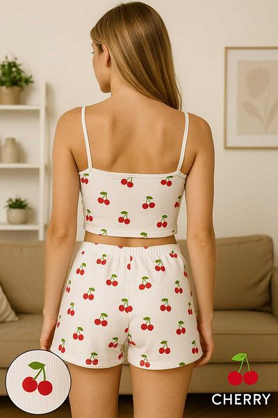 Cherry Lane Women's Cherry Patterned Strap Crop Tank Top and Shorts Set