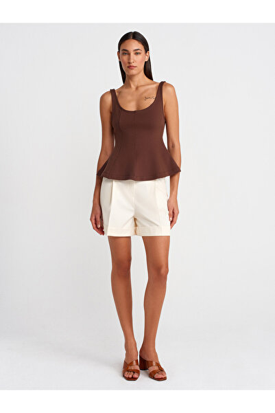 Dilvin 21063 Kalın Askılı Peplum Top-Açık Kahve