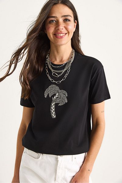 Bianco Lucci Women's 100% Cotton Crew Neck Palm Stone Accessory Comfortable Fit T-Shirt 60602067