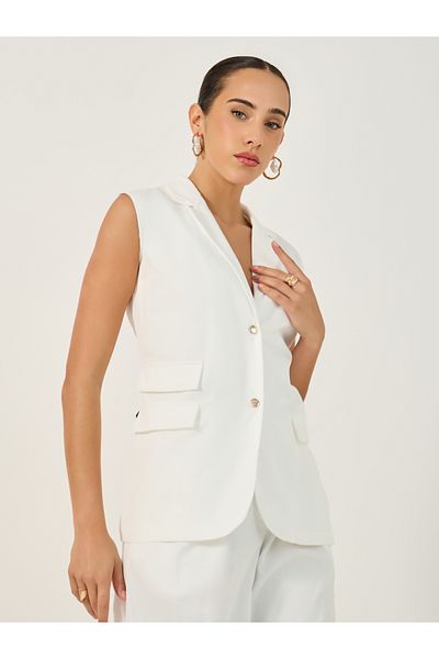 Styli Solid Boxy Fit Sleeveless Blazer with Pockets