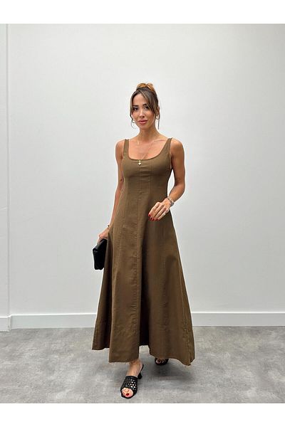 Maldia Shop Γυναικείο λινό φόρεμα καφέ με τσέπες
