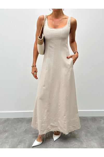 Maldia Shop Rochie de damă din in, cu buzunar cu bretele
