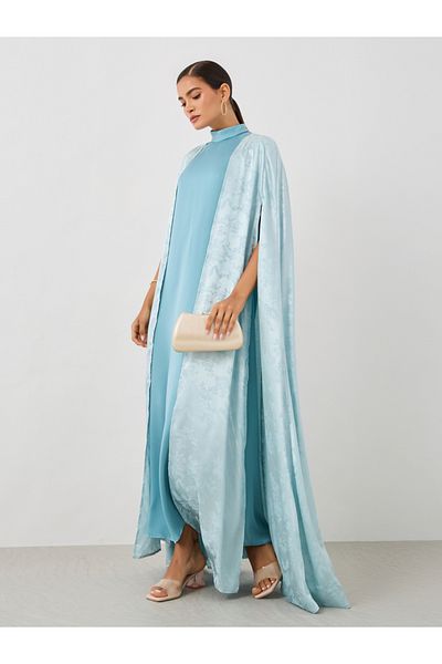 Styli Stand Collar Satin Inner Dress with Jacquard Cape Abaya Set