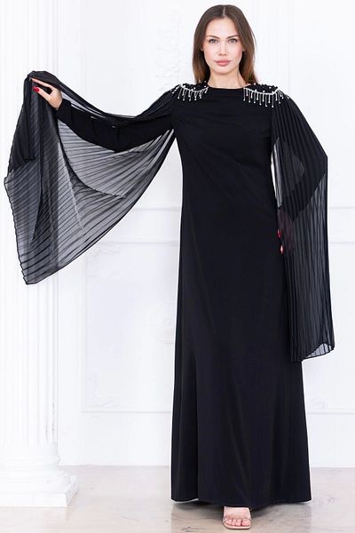 lodmela Shoulder Embroidery Detailed Cape Dress 1017-Black