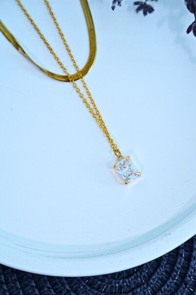 CEKAVE Baguette Stone Gold Color Italian Bean Chain Women's Steel Necklace -