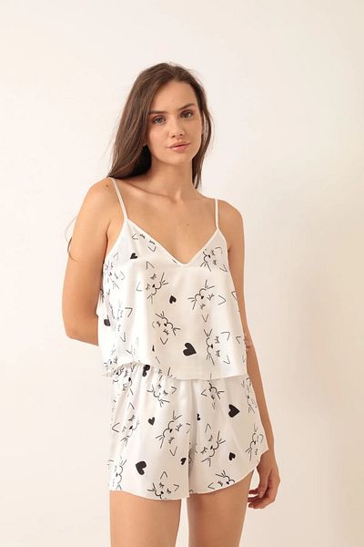 shiny date Cat Patterned Satin Shorts Set Stylish Nightgown