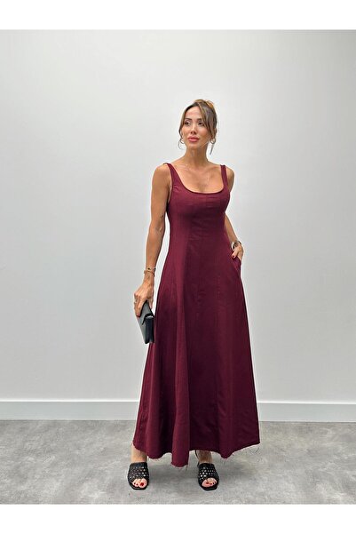 Maldia Shop Kadın Askılı Cepli Bordo Keten Elbise