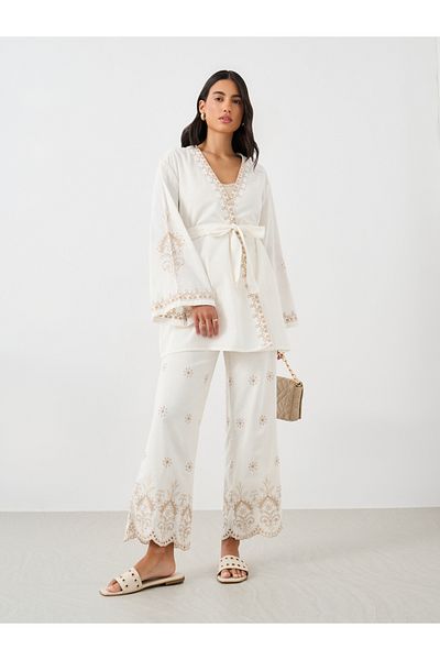 Styli Embroidered Long Sleeves Belted Kimono