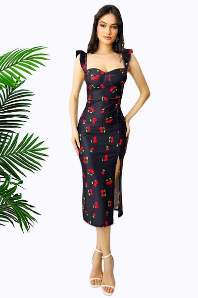 FashionForYou Ditsy bodycon dress, deep slit and cherry print, Black, Size S/M
