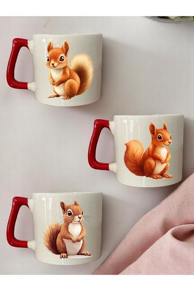 lili hediyelik Squirrel Printed 3-Piece Red Handled Ceramic Mug Cup Coffee Cup
