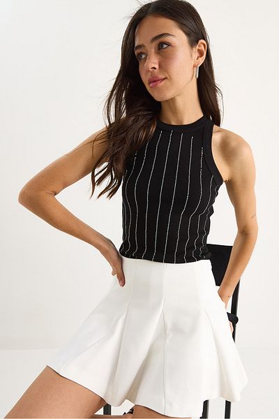 Bianco Lucci Women's Diamond Striped Basic Crop Blouse 60602063