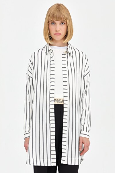 Nihan Yanları Düğmeli Çizgili Gömlek Tunik Ekru