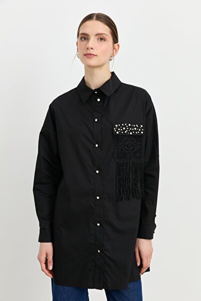 Nihan Asimetrik Detaylı Taş Aksesuarlı Poplin Pamuk Tunik Siyah