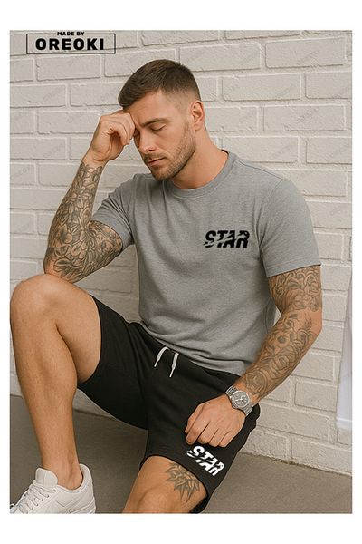 EFFRENATU Star Printed Cotton Fabric Men's Gray T-Shirt-Black Shorts Set