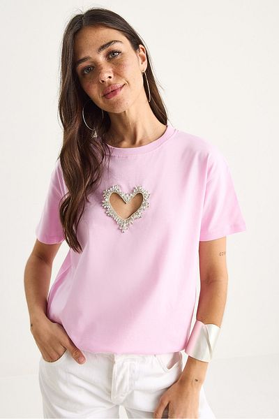 Bianco Lucci Women's Stoned Heart Window Cotton T-Shirt 60602073