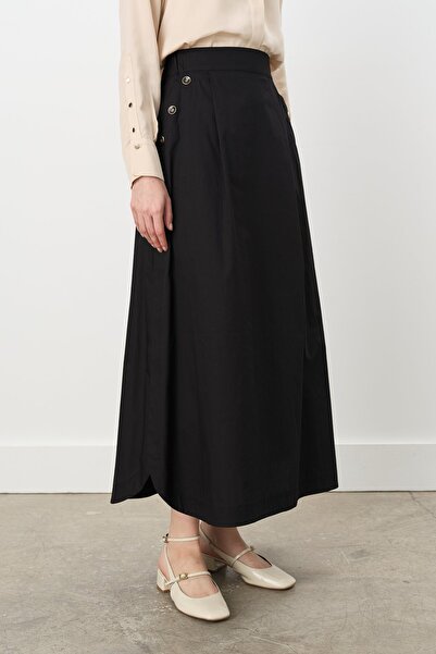 Nihan Düğme Detaylı Poplin Pamuk Etek Siyah