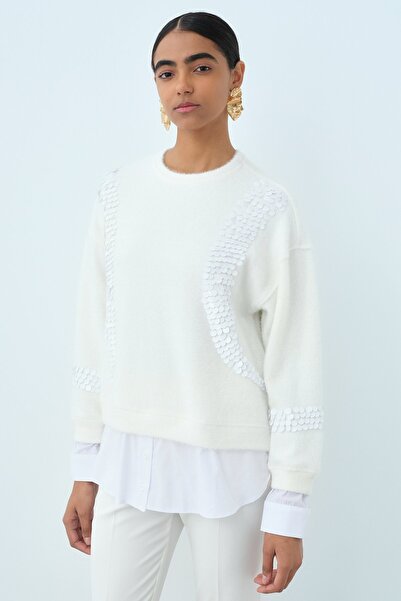 Nihan Pullu Gömlek Garni Angora Tunik Ekru