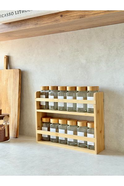 Dekorzdükkan Set of 12 Square Spice Jars with Bamboo Stand and Bamboo Lid (25 Labels)