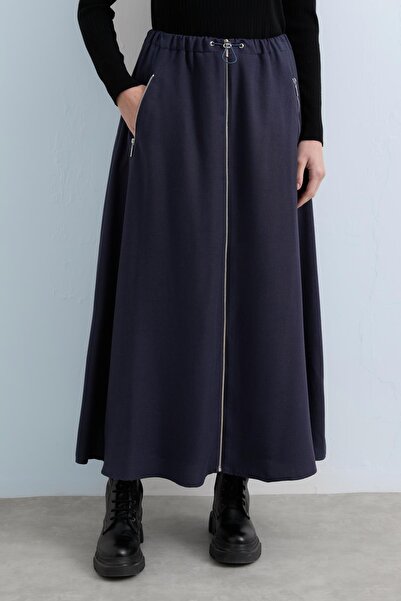 Nihan Beli Lastikli Fermuar Detaylı Etek Lacivert