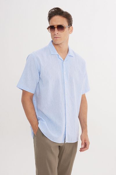 ALTINYILDIZ CLASSICS Ανδρικό πουκάμισο με γιακά Hawai με μπλε λινό Comfort Fit