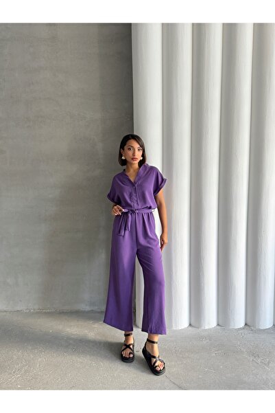 BEJNA Women's Lilac Button Detailed Belted Jumpsuit