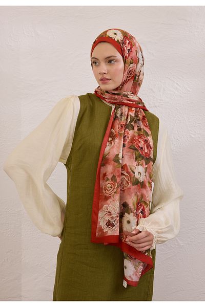 Fresh Magnolia Pattern Ramie Shal Red