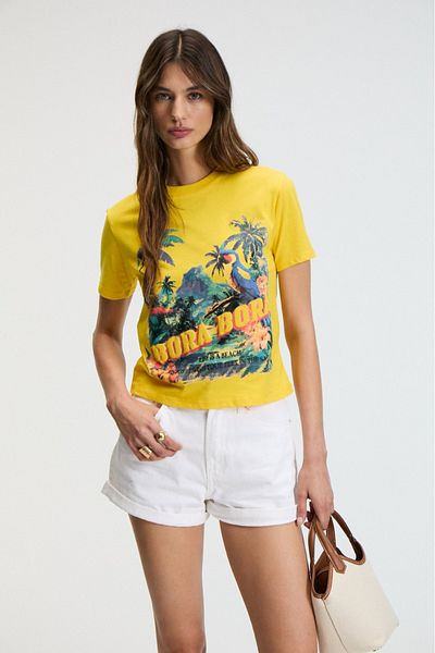 GRIMELANGE Melvessa Women's 100% Cotton Print Detailed Regular Fit Crew Neck Yellow T-Shirt