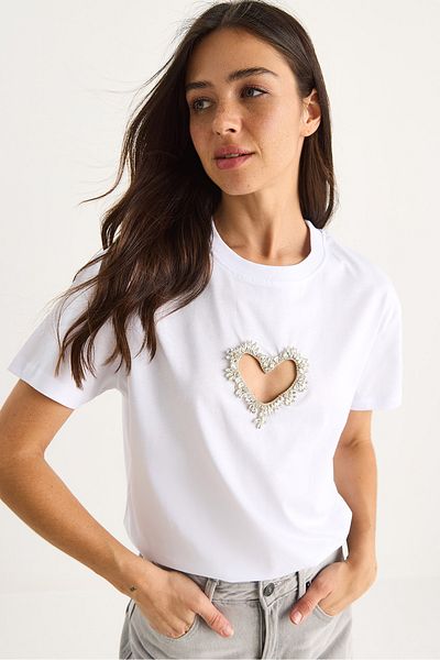Bianco Lucci Women's Stoned Heart Window Cotton T-Shirt 60602073