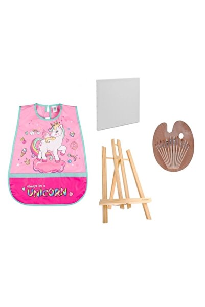 OEM Set de pictură cu șevalet 40 cm, șorț UNICORN ROZ, 2 rame pentru pânză, paletă și 12 pensule