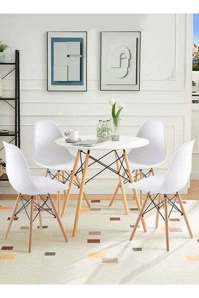 Taimi 5-Piece Compact Mid-Century Modern Dining Set | Round White Table 80x80x72cm with 4-White Chairs