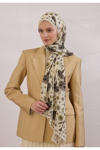 Fresh Blooming Dahlia Pattern Ramie Shal Soft Yellow