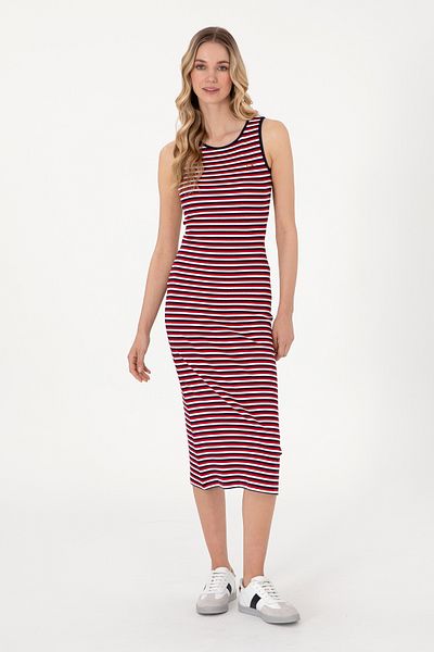 U.S. Polo Assn. Women's Navy Blue Striped Sleeveless Crew Neck Midi Length Knitted Dress 50305871-Vr033