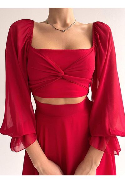 barış sülün lovebox Lined Chiffon Fabric One Piece Short Red Evening Dress with Skirt and Top Look 013