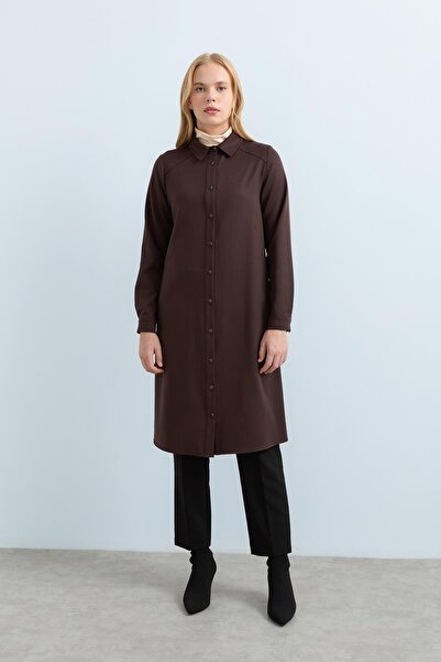 Nihan Kuşgözü Detaylı Gömlek Yaka Tunik Kahve