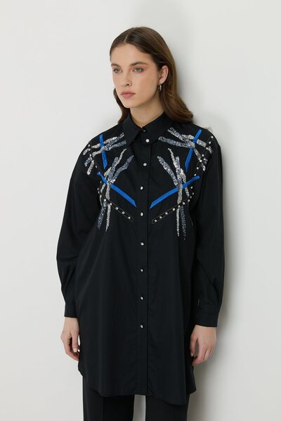 Nihan Omuzları İşlemeli Poplin Pamuk Tunik Siyah
