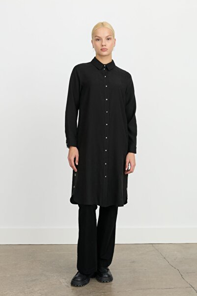 Nihan Kuşgözü Detaylı Tencel Tunik Siyah