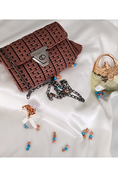 rmys Leather Look Evening Bag with Chain Strap - Brown, Metallic Black