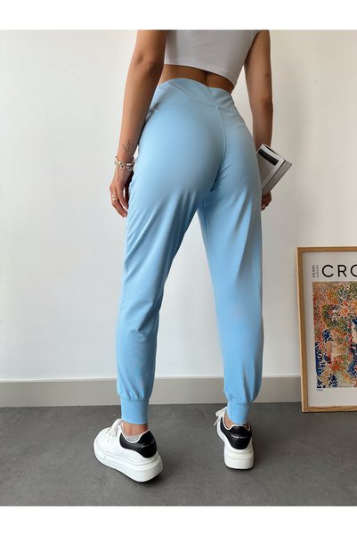 Bonne Maison Women's Blue High Waist Stretchy Jogger Sweatpants