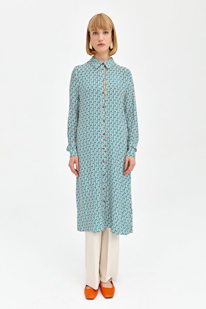 Nihan Desenli Kumaşlı Düz Kesim Tunik Petrol