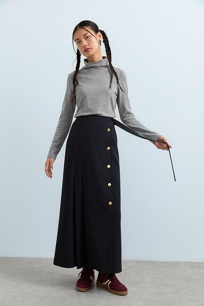 Nihan Navy Blue Skirt - Pleated and Button Detailed