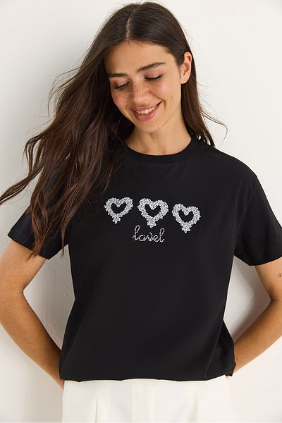 Bianco Lucci Women's Stone Heart Accessory Regular Fit Cotton T-Shirt 60602069