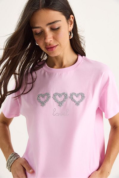 Bianco Lucci Women's Stone Heart Accessory Regular Fit Cotton T-Shirt 60602069