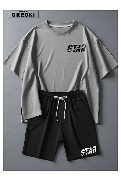 EFFRENATU Star Printed Cotton Fabric Men's Gray T-Shirt-Black Shorts Set