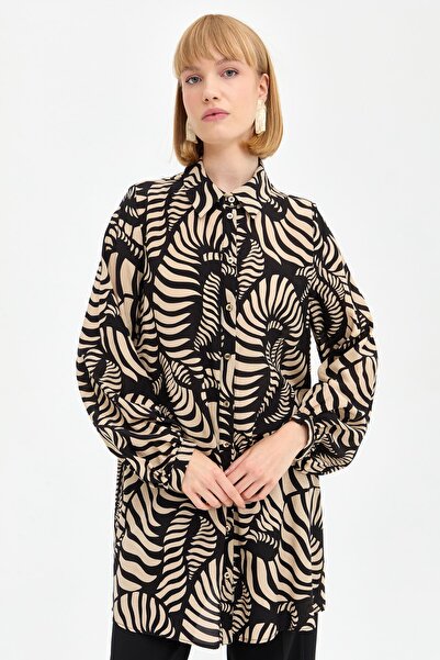 Nihan Balon Kollu Desenli Rahat Tunik Camel