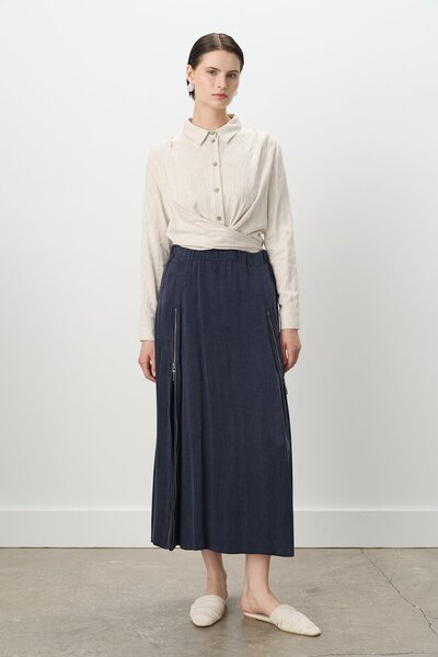 Nihan Premium Çift Fermuar Detaylı Kloş Cupra Etek Lacivert