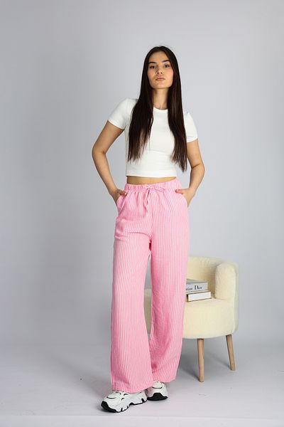 Bonne Maison Pink Adjustable Waist Striped Pockets Wide Leg Linen Women's Trousers S